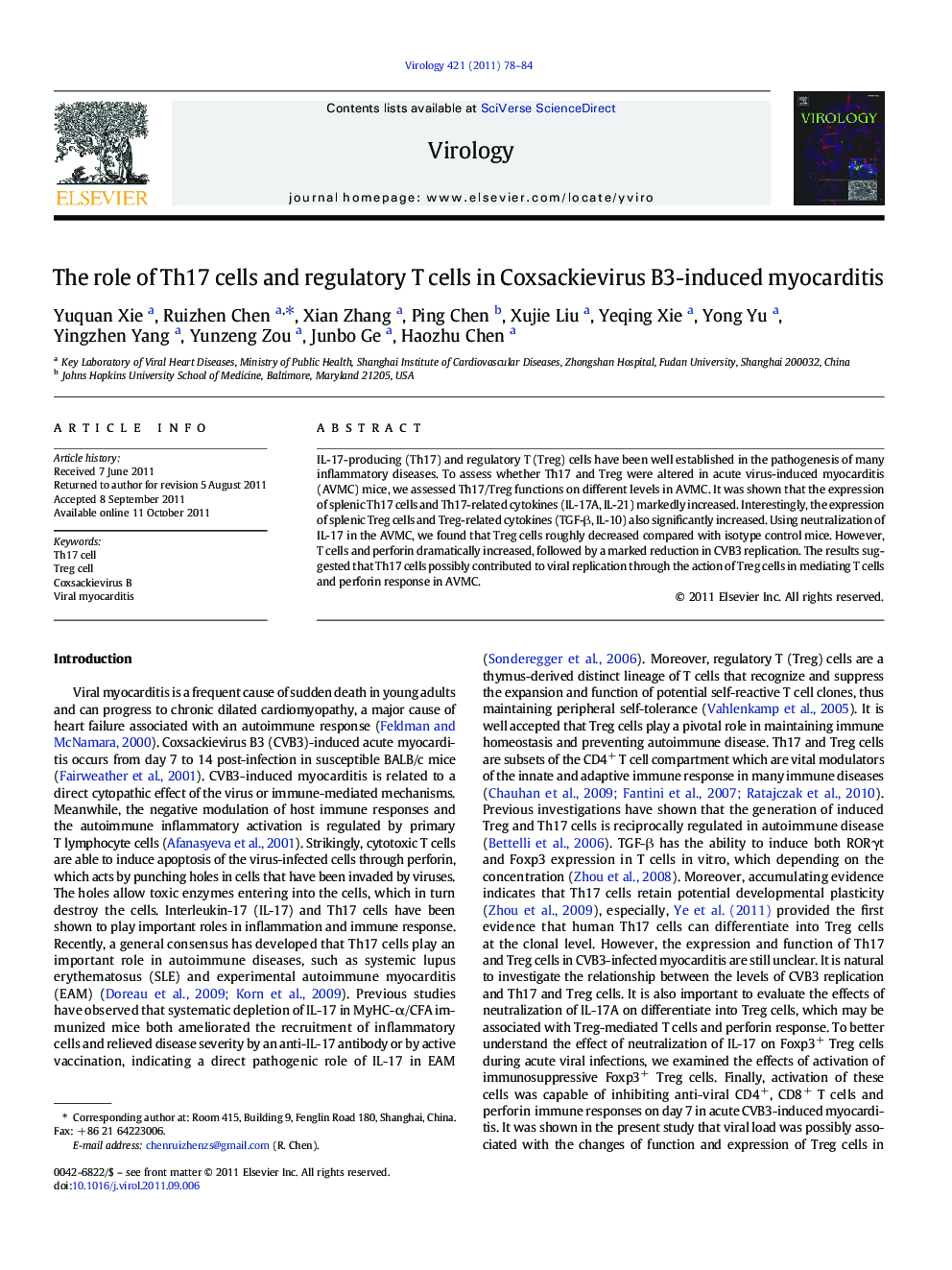 The role of Th17 cells and regulatory T cells in Coxsackievirus B3-induced myocarditis