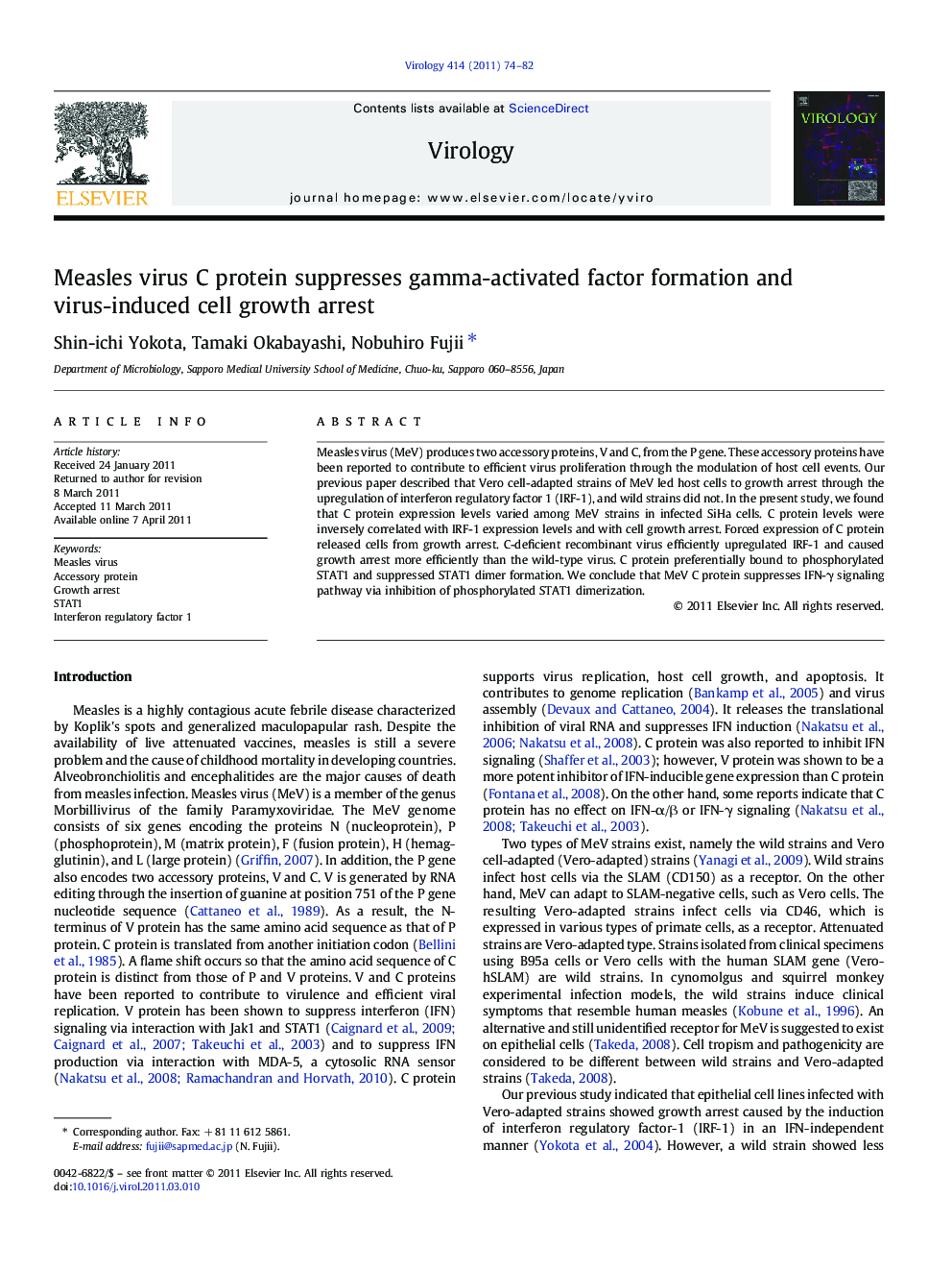 Measles virus C protein suppresses gamma-activated factor formation and virus-induced cell growth arrest