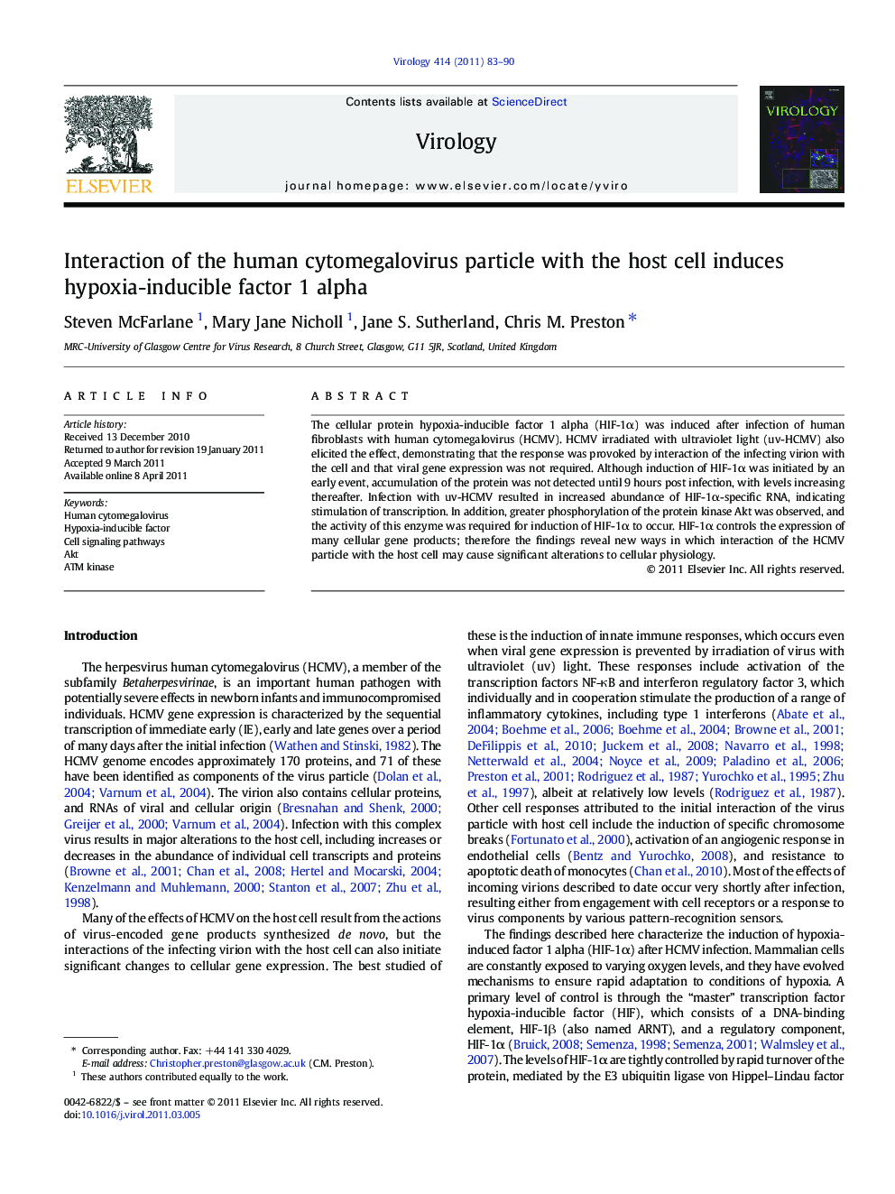 Interaction of the human cytomegalovirus particle with the host cell induces hypoxia-inducible factor 1 alpha