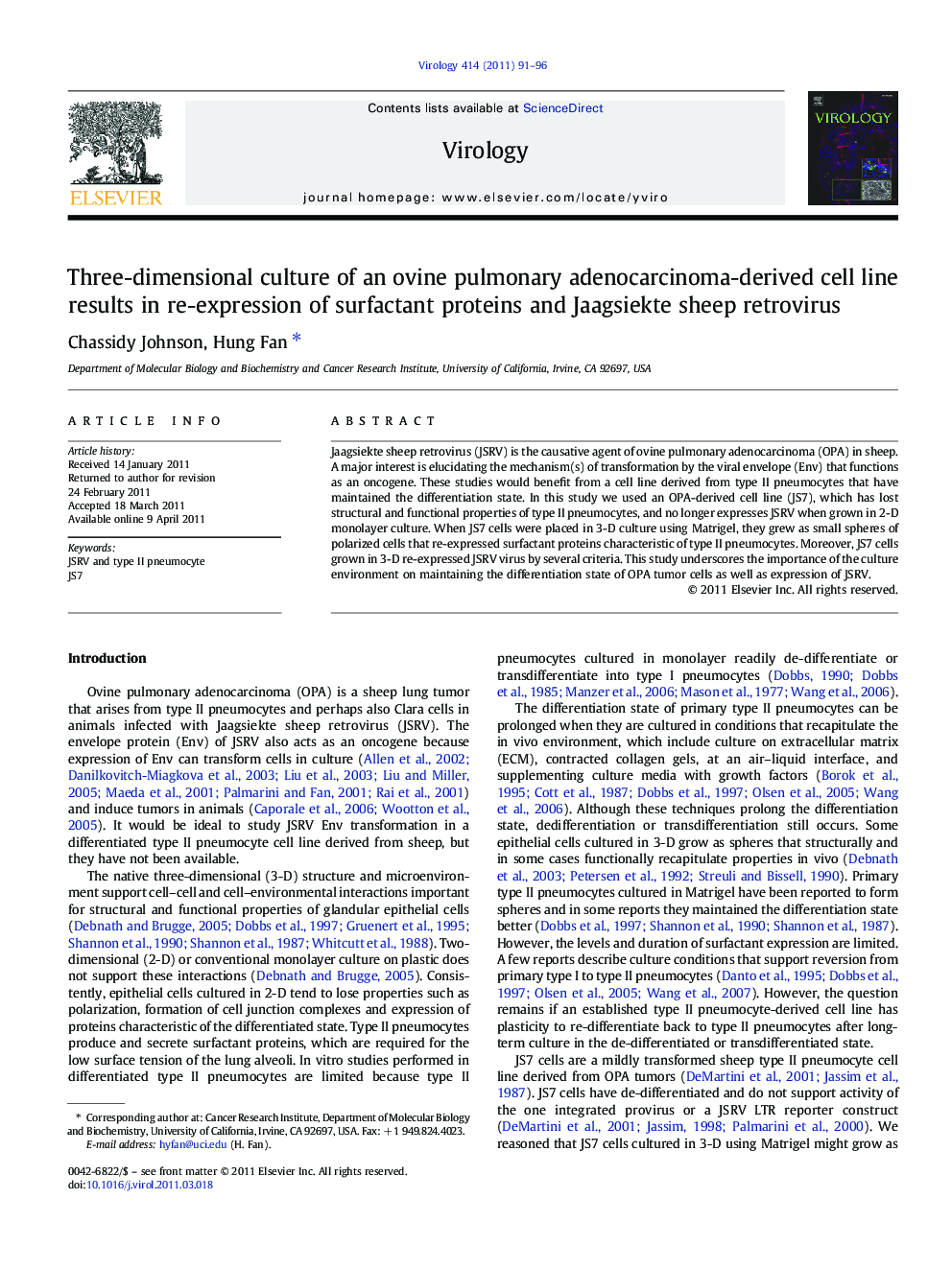 Three-dimensional culture of an ovine pulmonary adenocarcinoma-derived cell line results in re-expression of surfactant proteins and Jaagsiekte sheep retrovirus