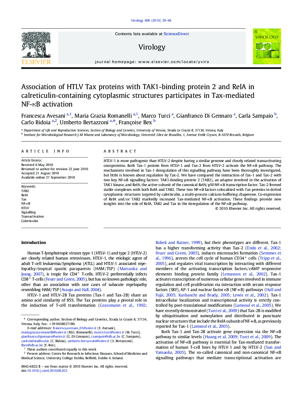 Association of HTLV Tax proteins with TAK1-binding protein 2 and RelA in calreticulin-containing cytoplasmic structures participates in Tax-mediated NF-κB activation