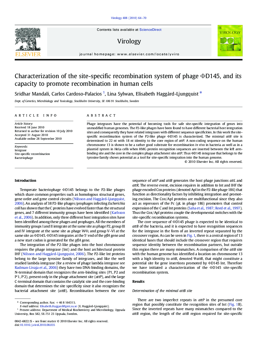 Characterization of the site-specific recombination system of phage ΦD145, and its capacity to promote recombination in human cells