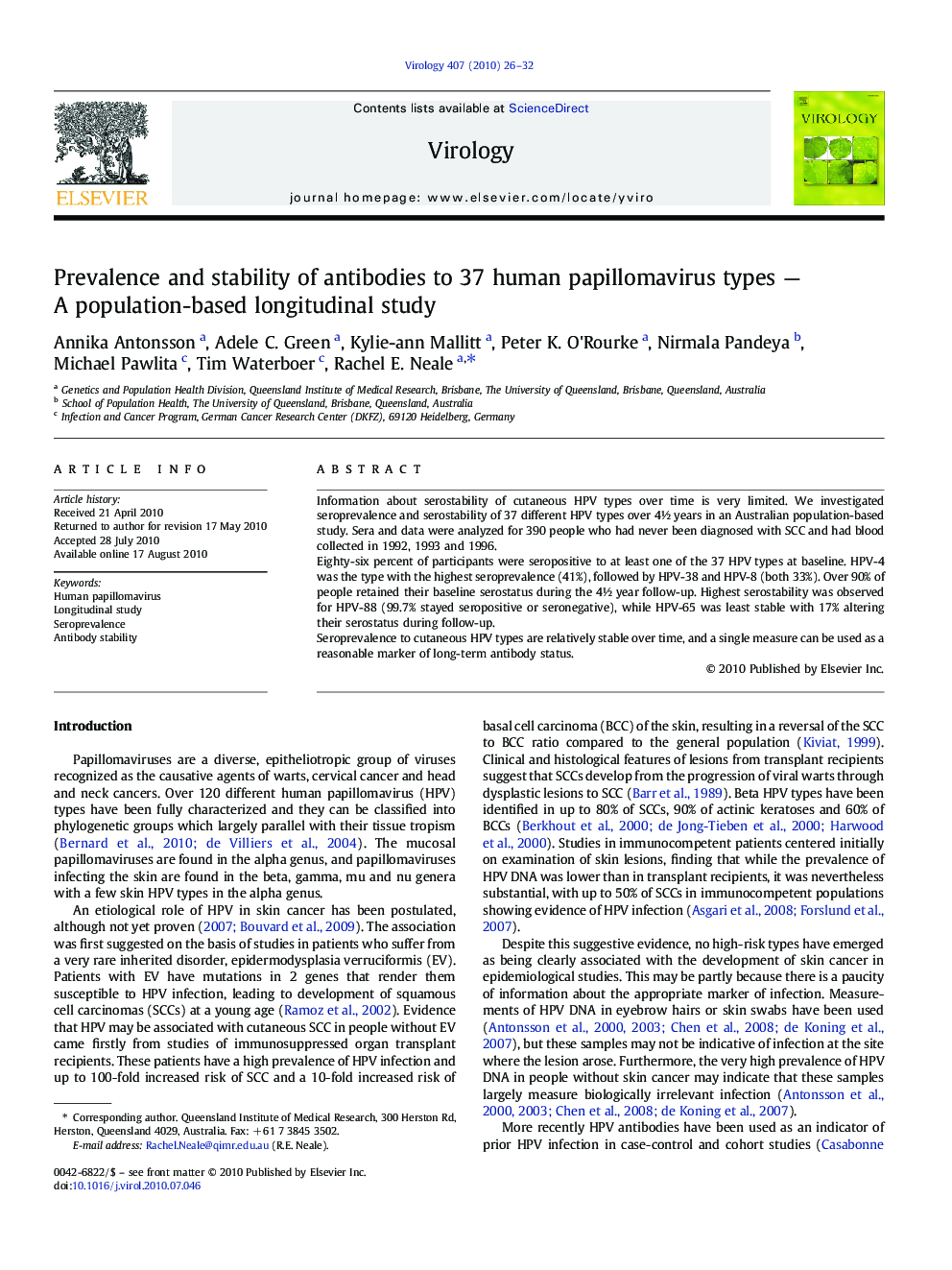 Prevalence and stability of antibodies to 37 human papillomavirus types — A population-based longitudinal study