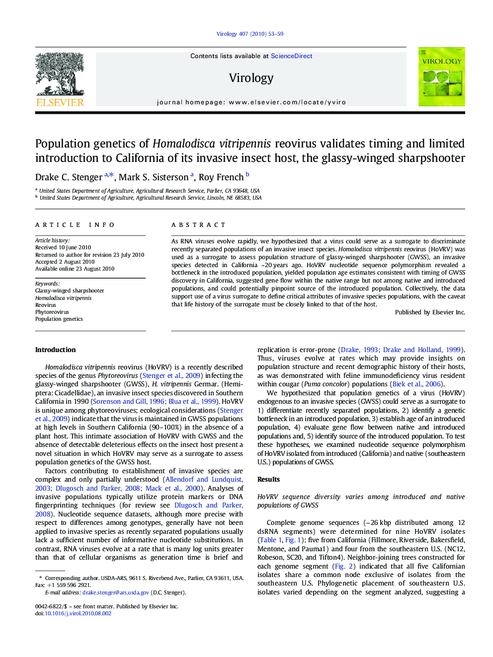 Population genetics of Homalodisca vitripennis reovirus validates timing and limited introduction to California of its invasive insect host, the glassy-winged sharpshooter