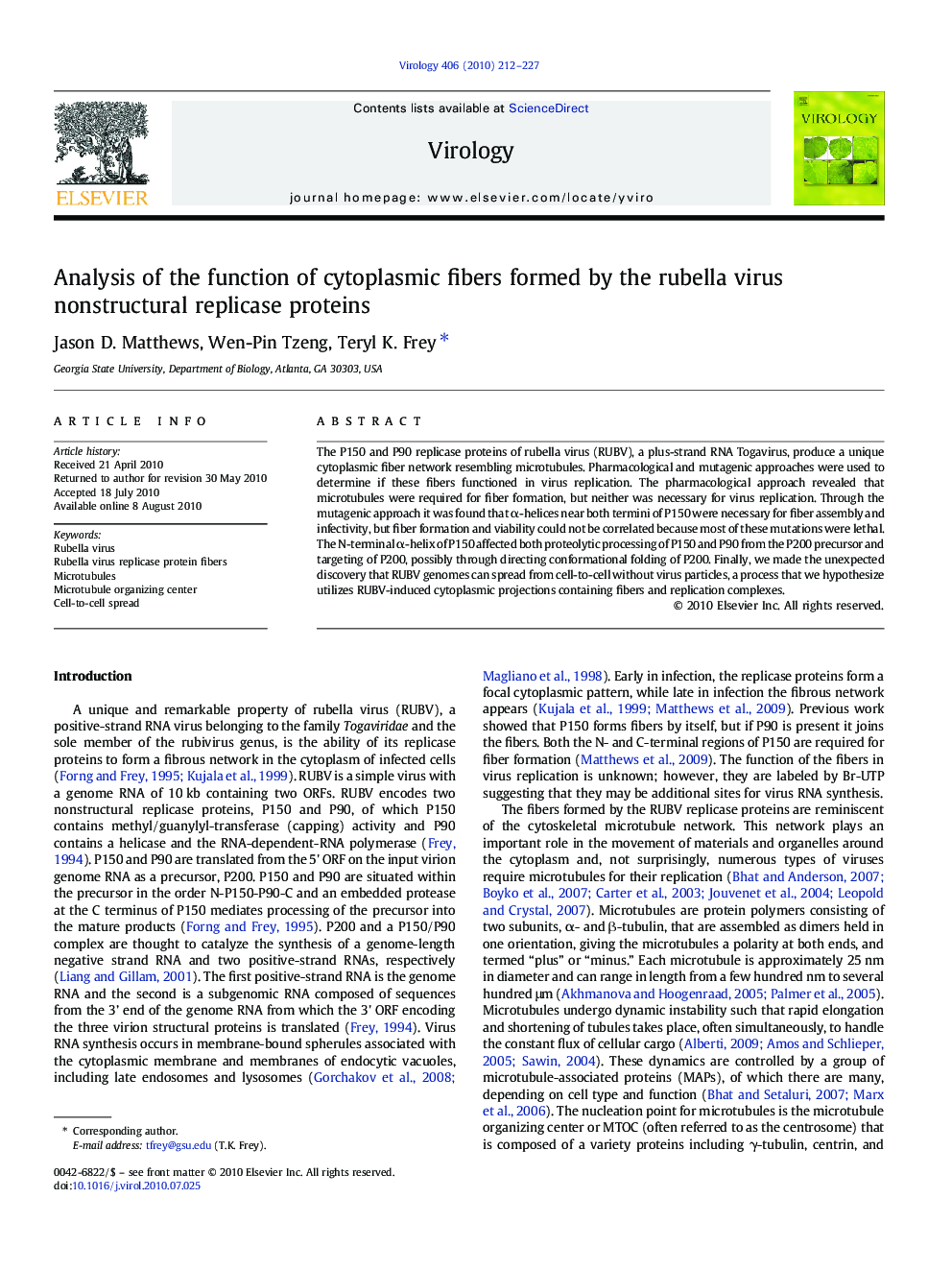 Analysis of the function of cytoplasmic fibers formed by the rubella virus nonstructural replicase proteins