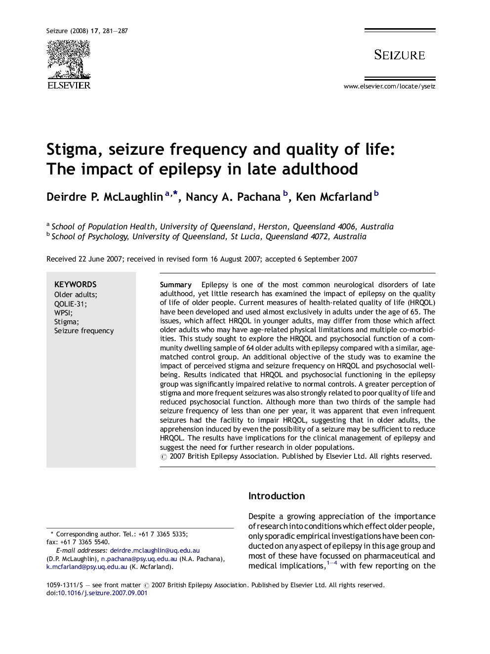 Stigma, seizure frequency and quality of life: The impact of epilepsy in late adulthood