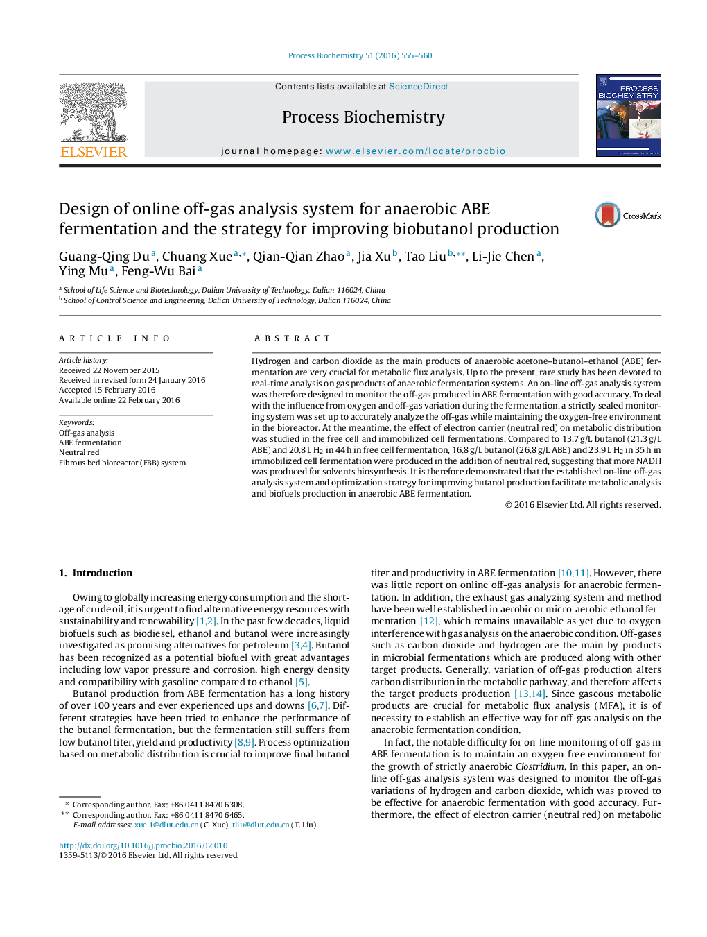 Design of online off-gas analysis system for anaerobic ABE fermentation and the strategy for improving biobutanol production