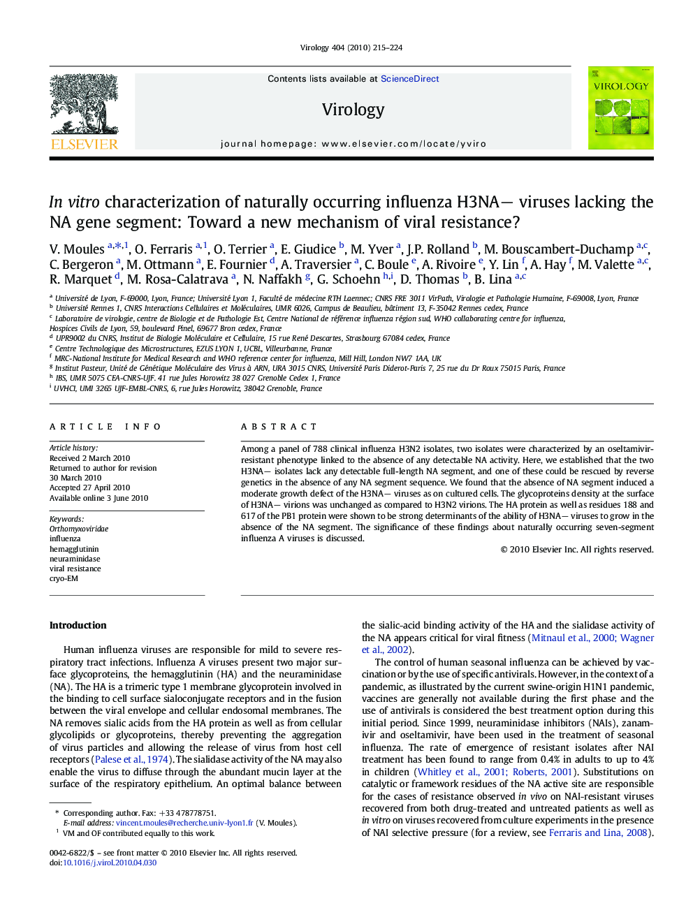 In vitro characterization of naturally occurring influenza H3NA− viruses lacking the NA gene segment: Toward a new mechanism of viral resistance?