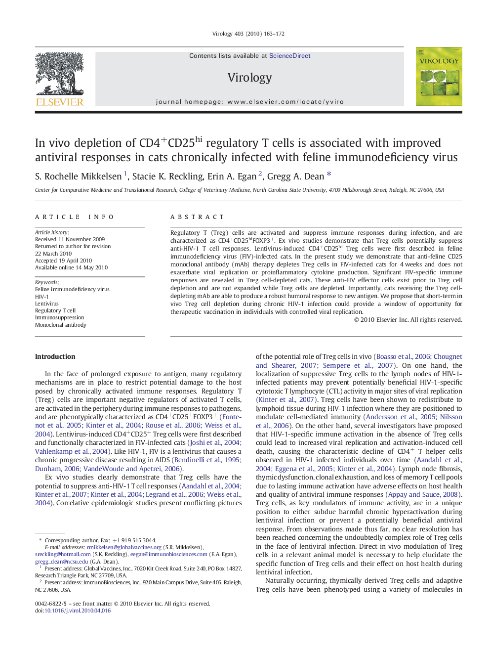 In vivo depletion of CD4+CD25hi regulatory T cells is associated with improved antiviral responses in cats chronically infected with feline immunodeficiency virus