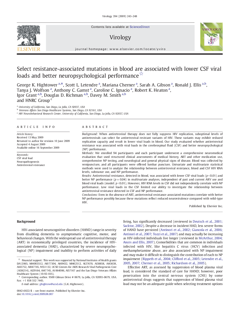 Select resistance-associated mutations in blood are associated with lower CSF viral loads and better neuropsychological performance 