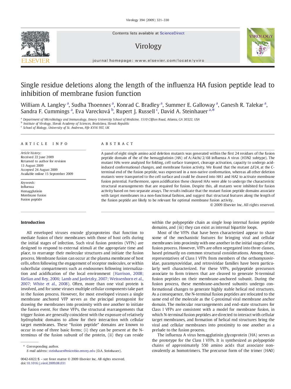 Single residue deletions along the length of the influenza HA fusion peptide lead to inhibition of membrane fusion function