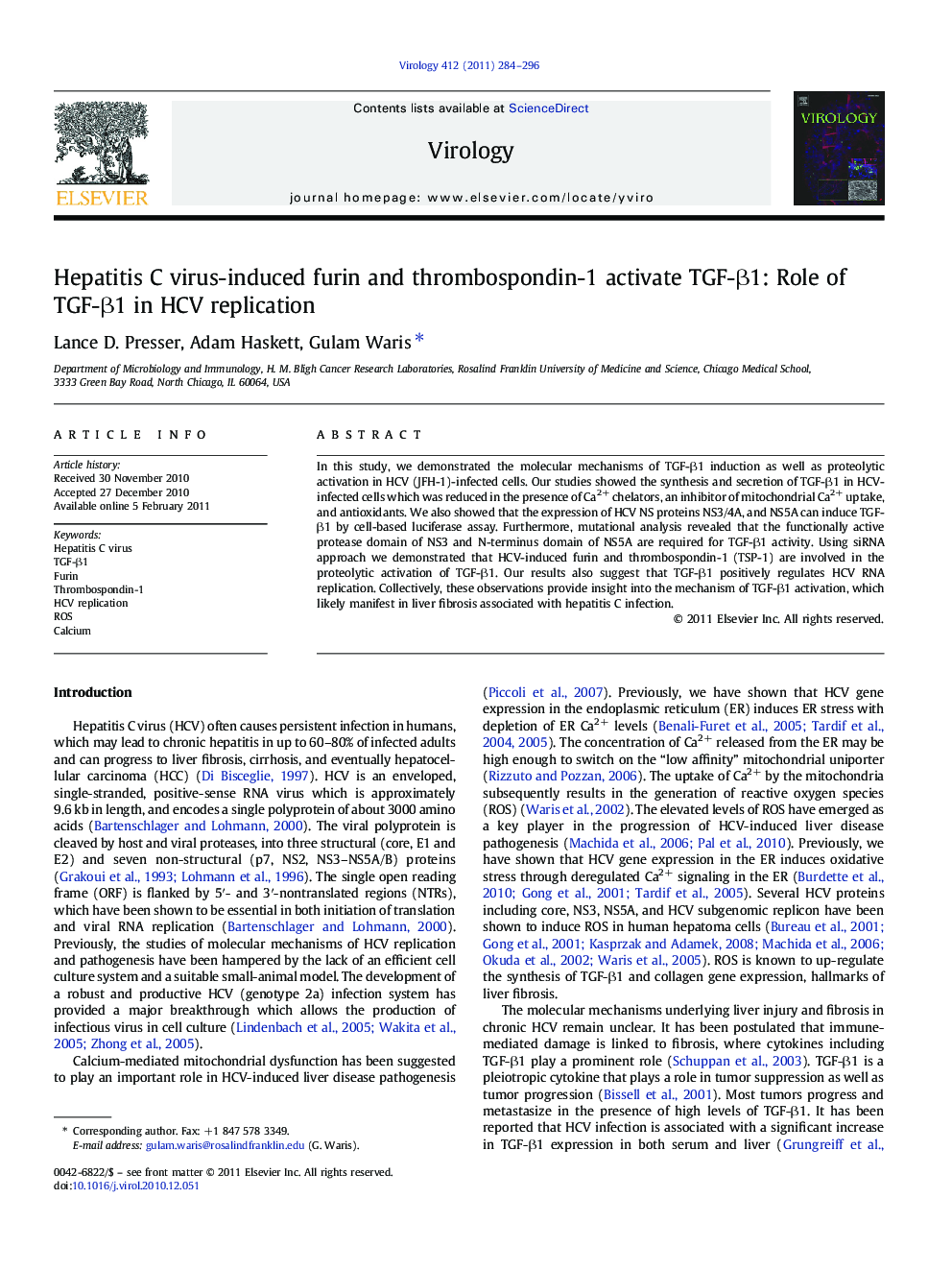 Hepatitis C virus-induced furin and thrombospondin-1 activate TGF-β1: Role of TGF-β1 in HCV replication