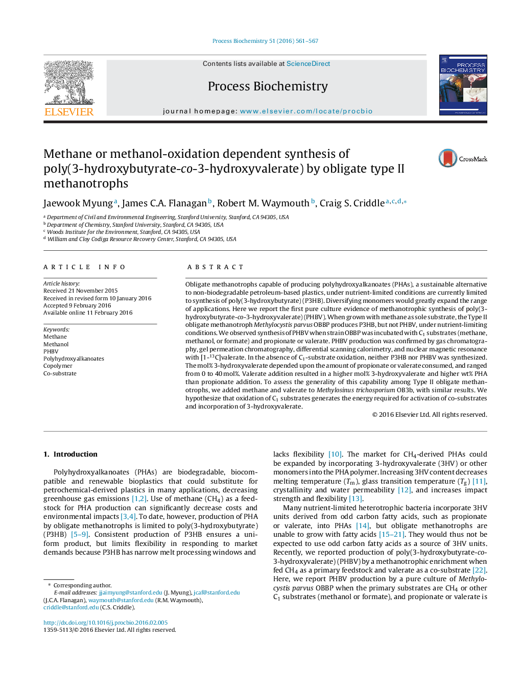 Methane or methanol-oxidation dependent synthesis of poly(3-hydroxybutyrate-co-3-hydroxyvalerate) by obligate type II methanotrophs