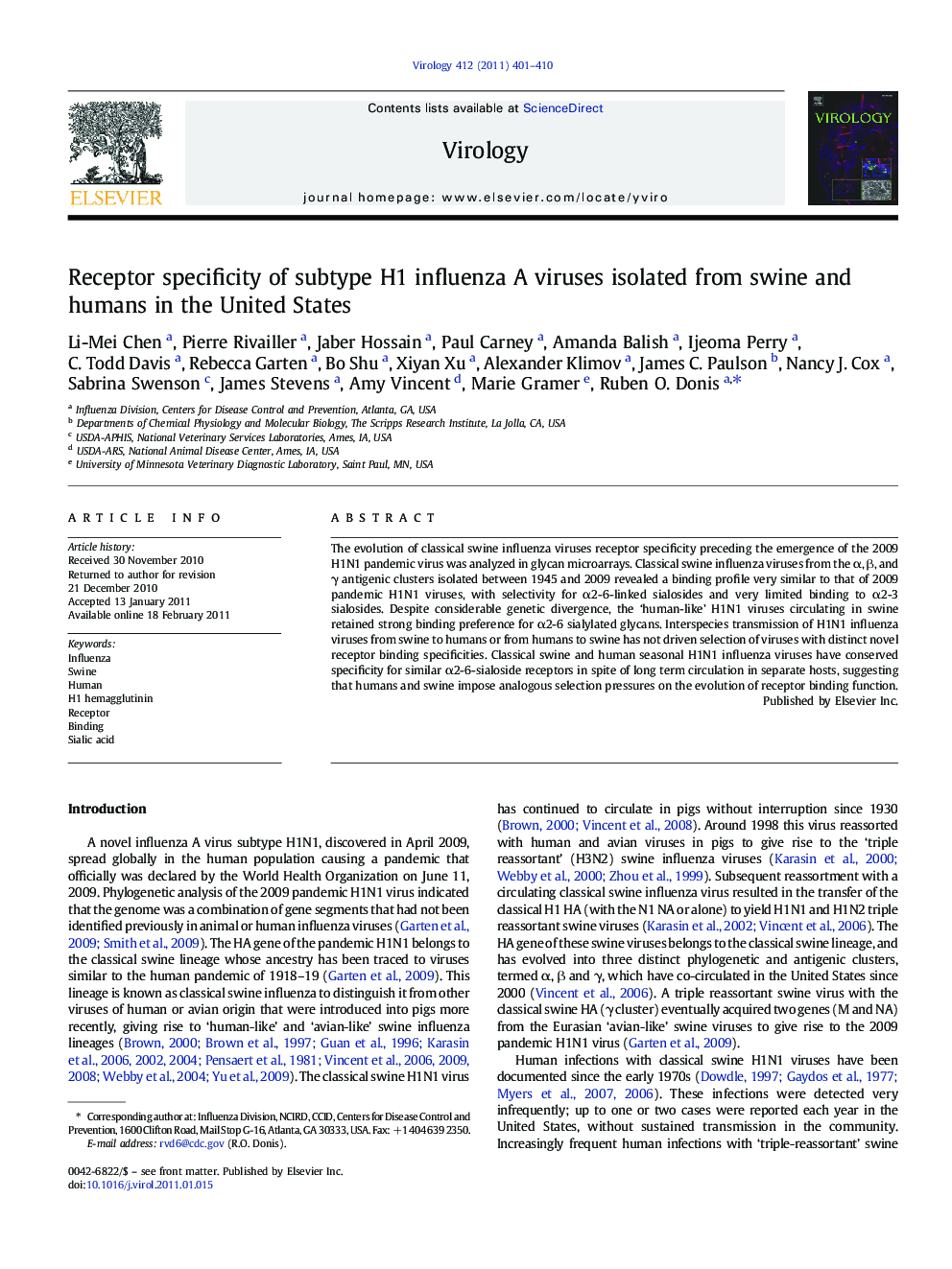 Receptor specificity of subtype H1 influenza A viruses isolated from swine and humans in the United States