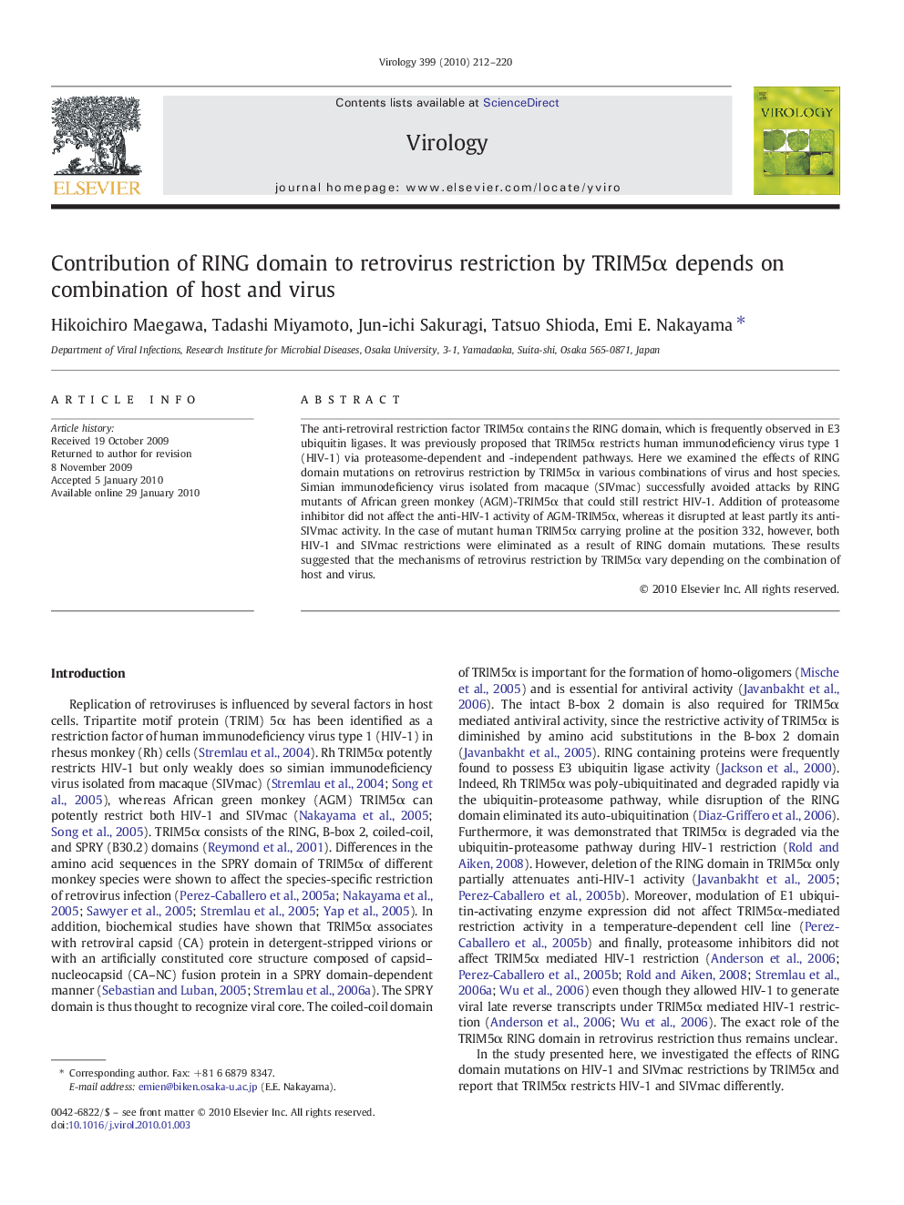 Contribution of RING domain to retrovirus restriction by TRIM5α depends on combination of host and virus