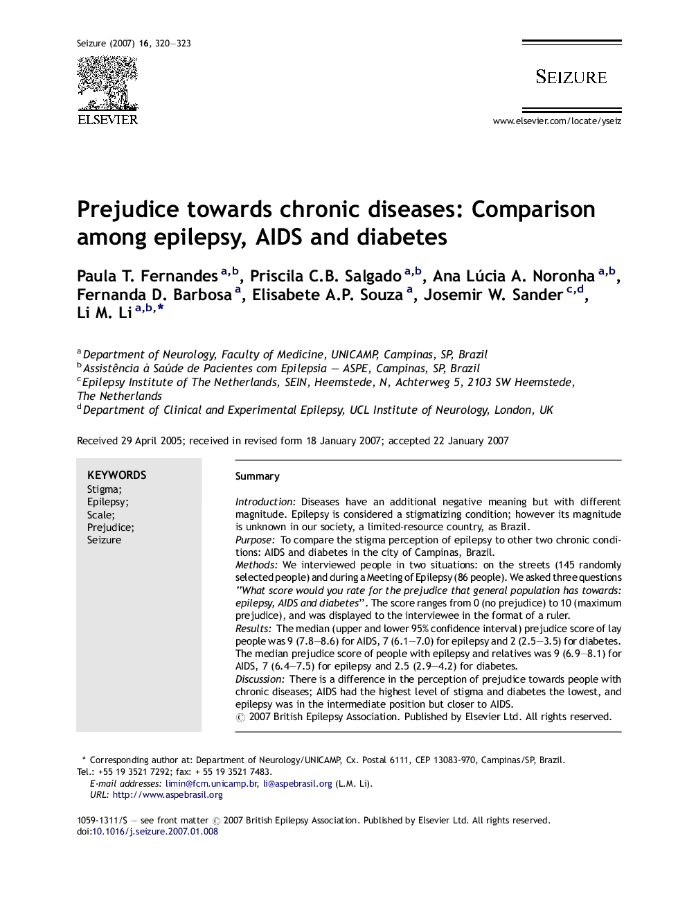 Prejudice towards chronic diseases: Comparison among epilepsy, AIDS and diabetes