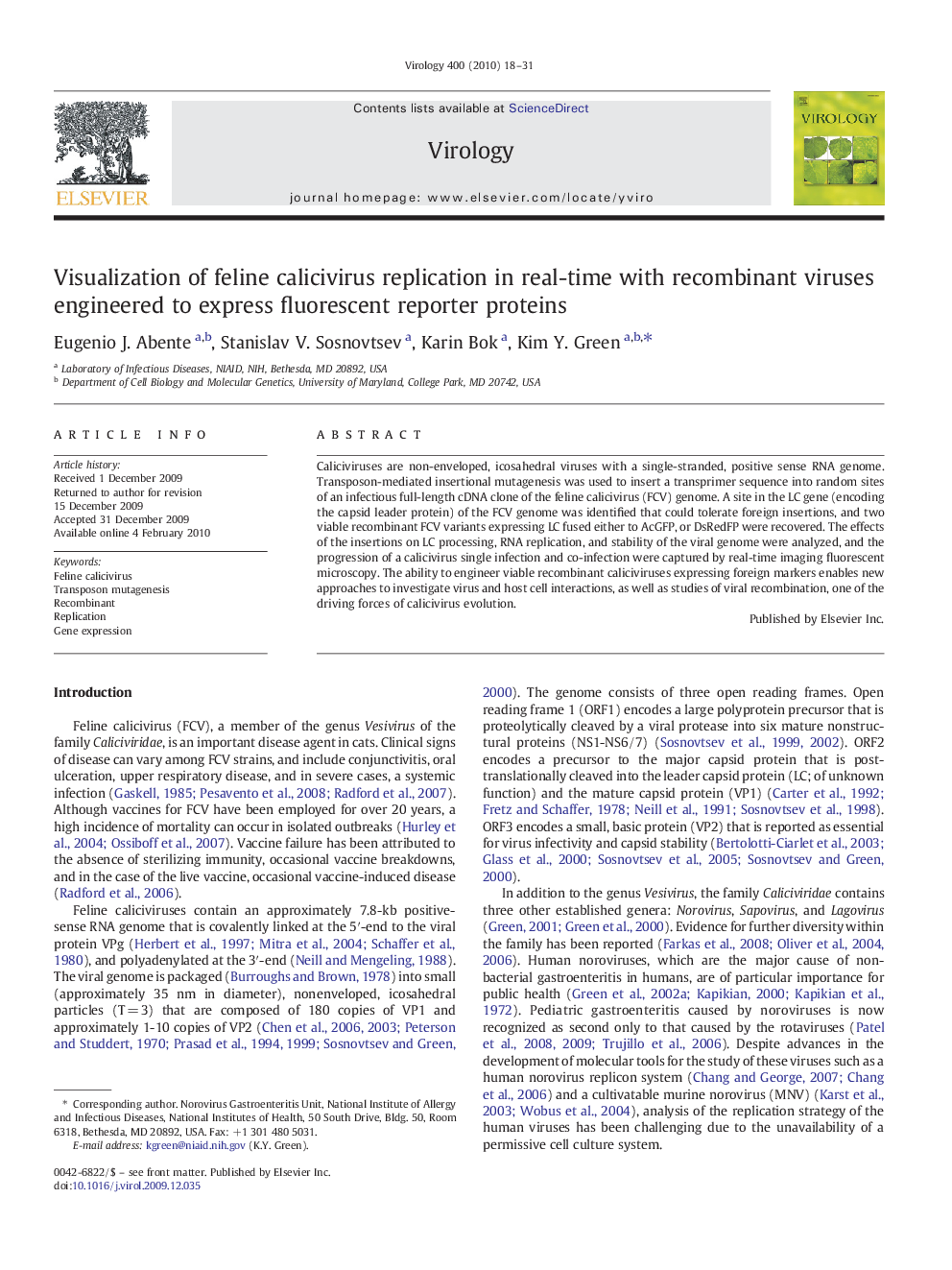 Visualization of feline calicivirus replication in real-time with recombinant viruses engineered to express fluorescent reporter proteins