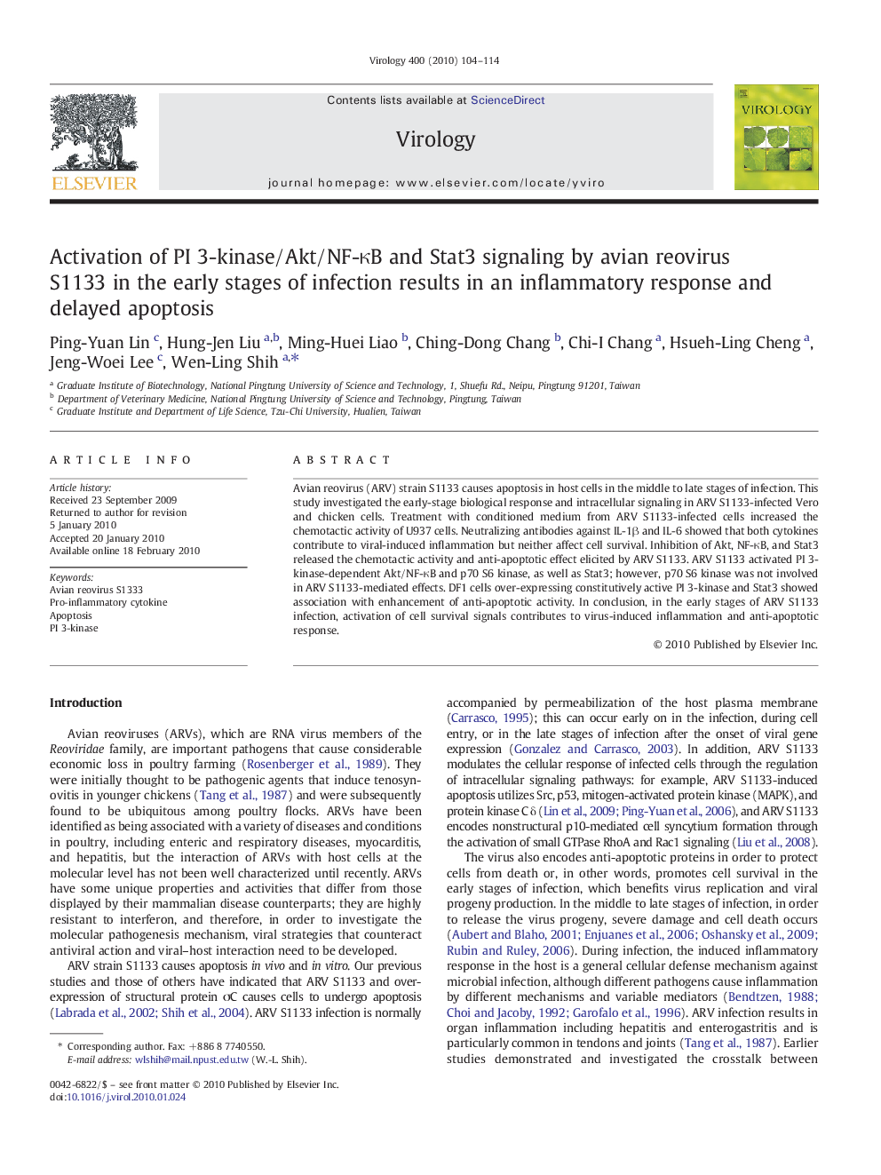 Activation of PI 3-kinase/Akt/NF-κB and Stat3 signaling by avian reovirus S1133 in the early stages of infection results in an inflammatory response and delayed apoptosis