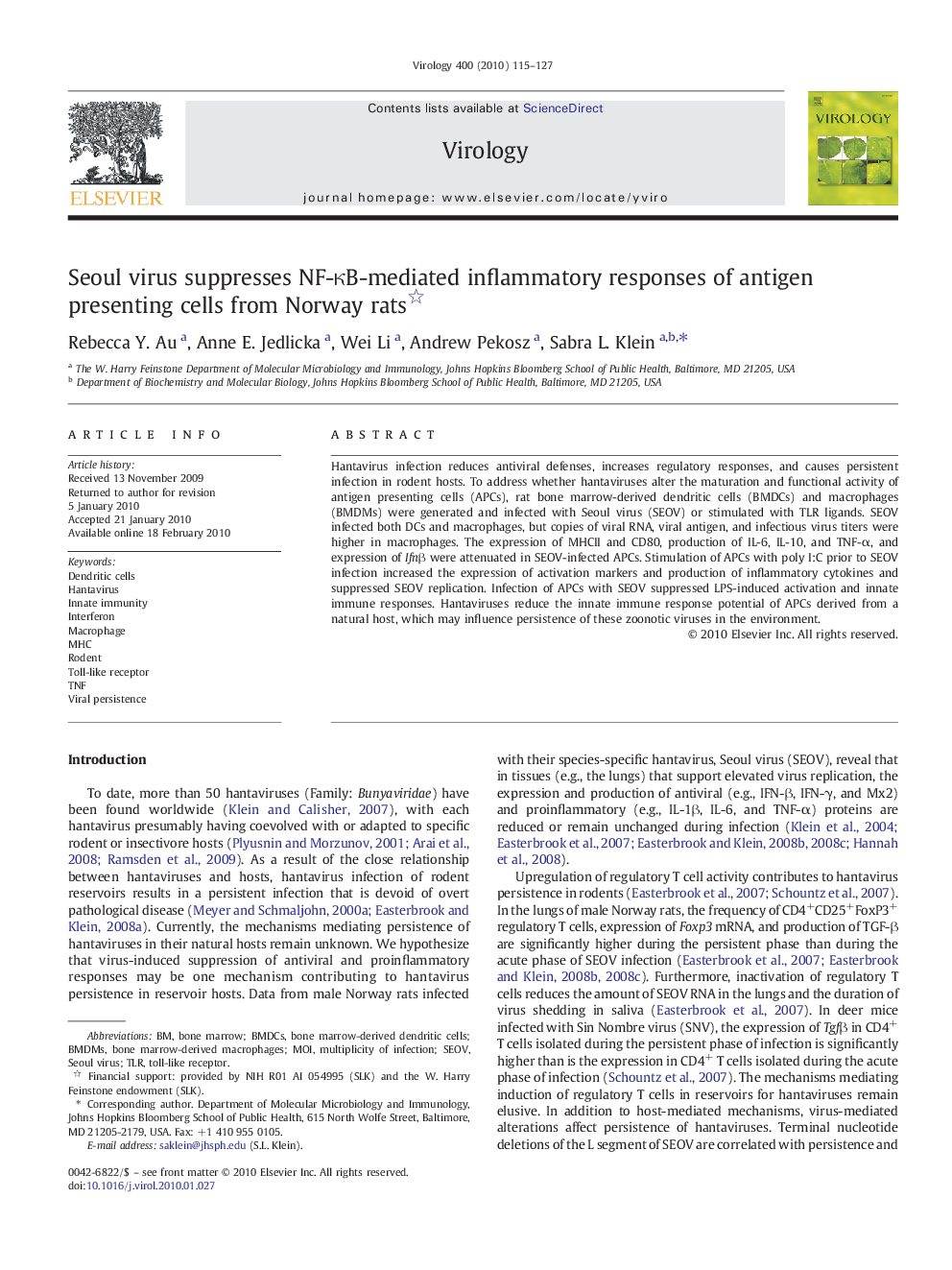 Seoul virus suppresses NF-κB-mediated inflammatory responses of antigen presenting cells from Norway rats 