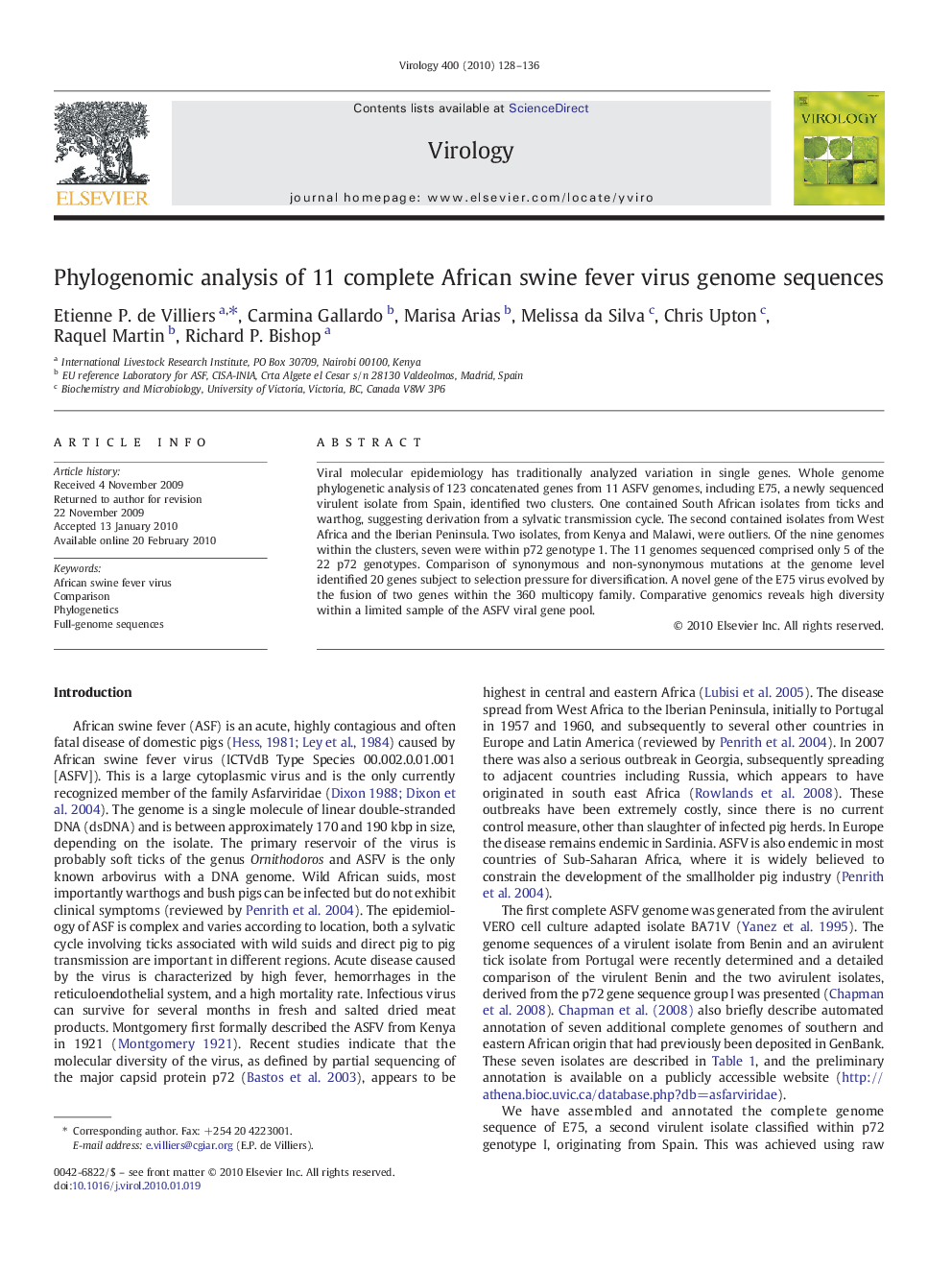 Phylogenomic analysis of 11 complete African swine fever virus genome sequences