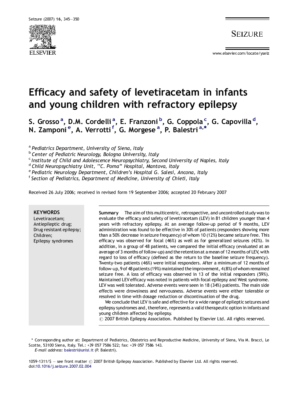Efficacy and safety of levetiracetam in infants and young children with refractory epilepsy