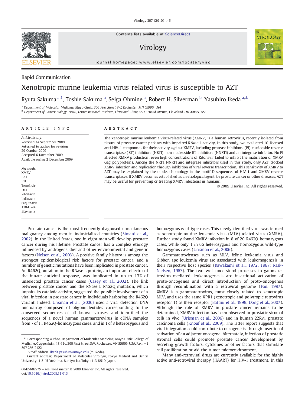 Xenotropic murine leukemia virus-related virus is susceptible to AZT