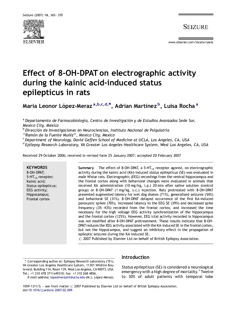 Effect of 8-OH-DPAT on electrographic activity during the kainic acid-induced status epilepticus in rats