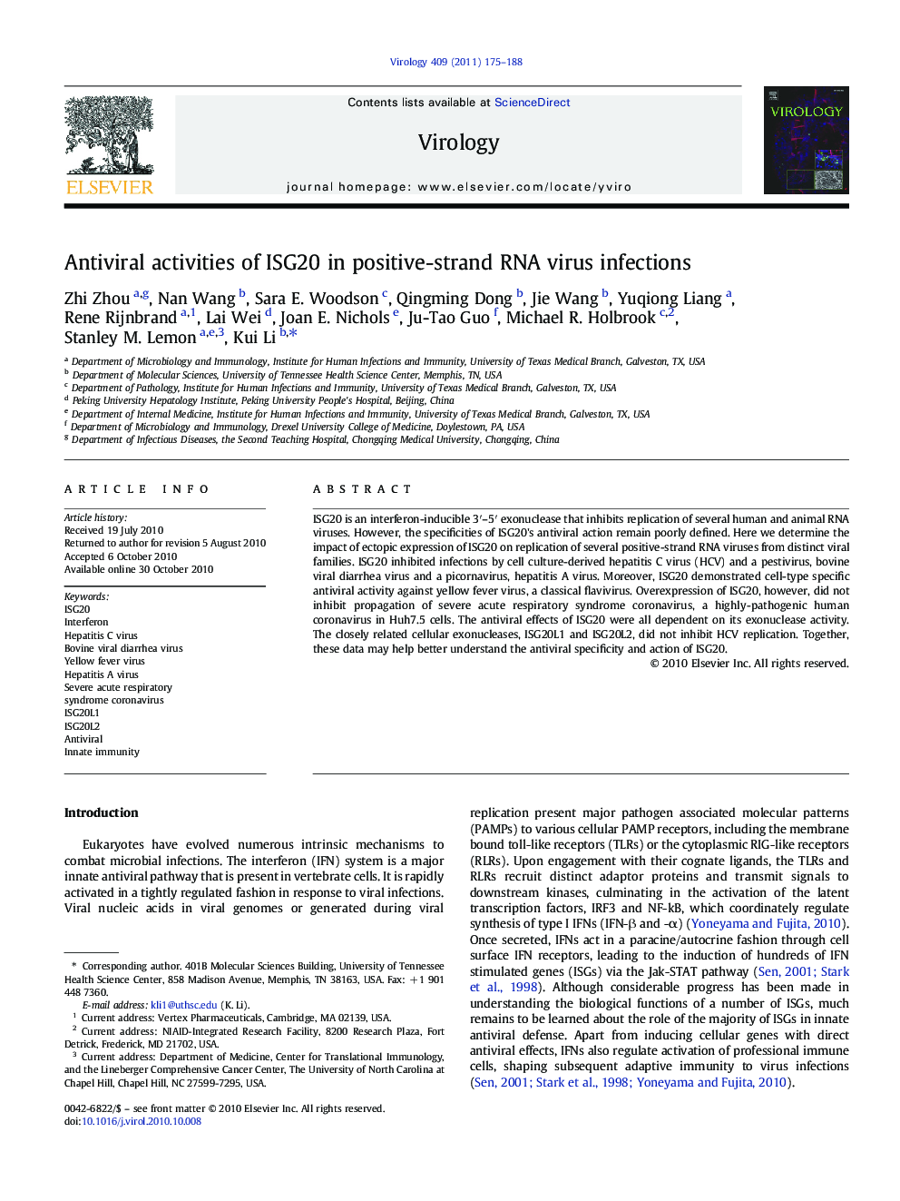 Antiviral activities of ISG20 in positive-strand RNA virus infections