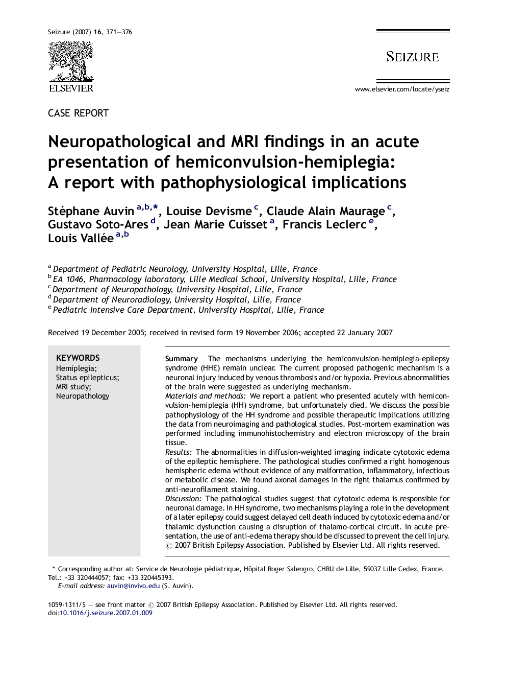 Neuropathological and MRI findings in an acute presentation of hemiconvulsion-hemiplegia: A report with pathophysiological implications