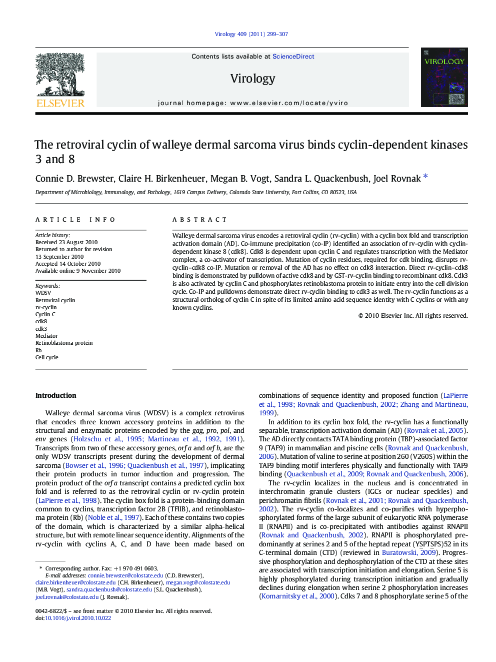 The retroviral cyclin of walleye dermal sarcoma virus binds cyclin-dependent kinases 3 and 8