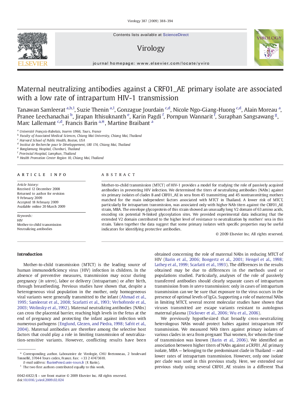 Maternal neutralizing antibodies against a CRF01_AE primary isolate are associated with a low rate of intrapartum HIV-1 transmission