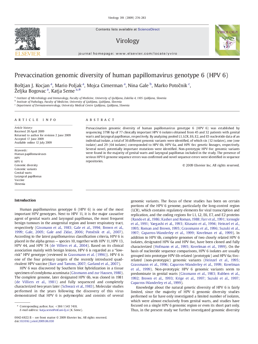 Prevaccination genomic diversity of human papillomavirus genotype 6 (HPV 6)