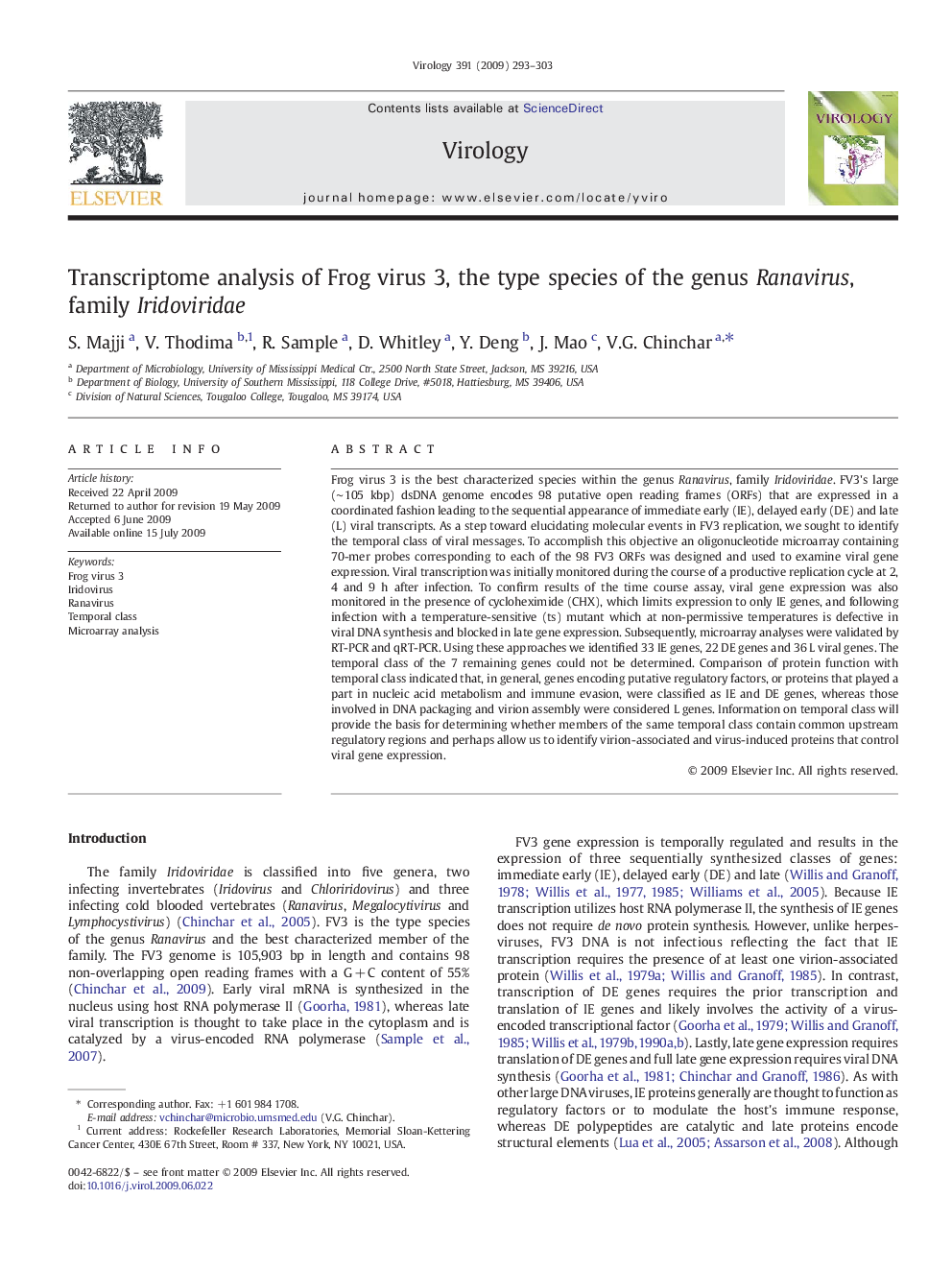 Transcriptome analysis of Frog virus 3, the type species of the genus Ranavirus, family Iridoviridae