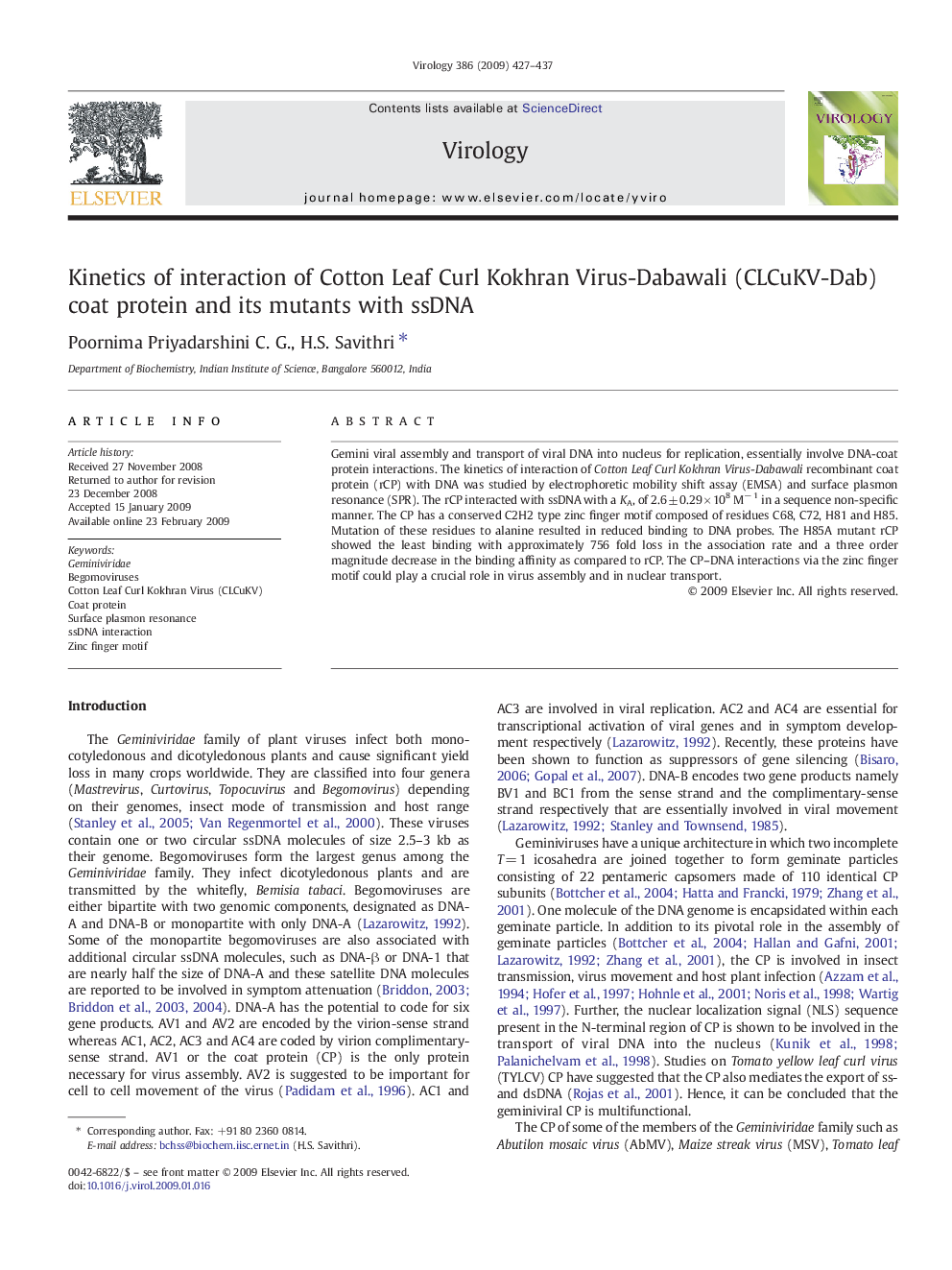 Kinetics of interaction of Cotton Leaf Curl Kokhran Virus-Dabawali (CLCuKV-Dab) coat protein and its mutants with ssDNA