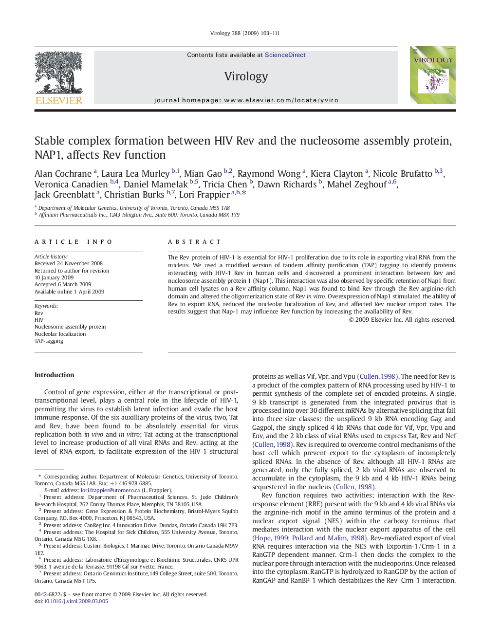 Stable complex formation between HIV Rev and the nucleosome assembly protein, NAP1, affects Rev function