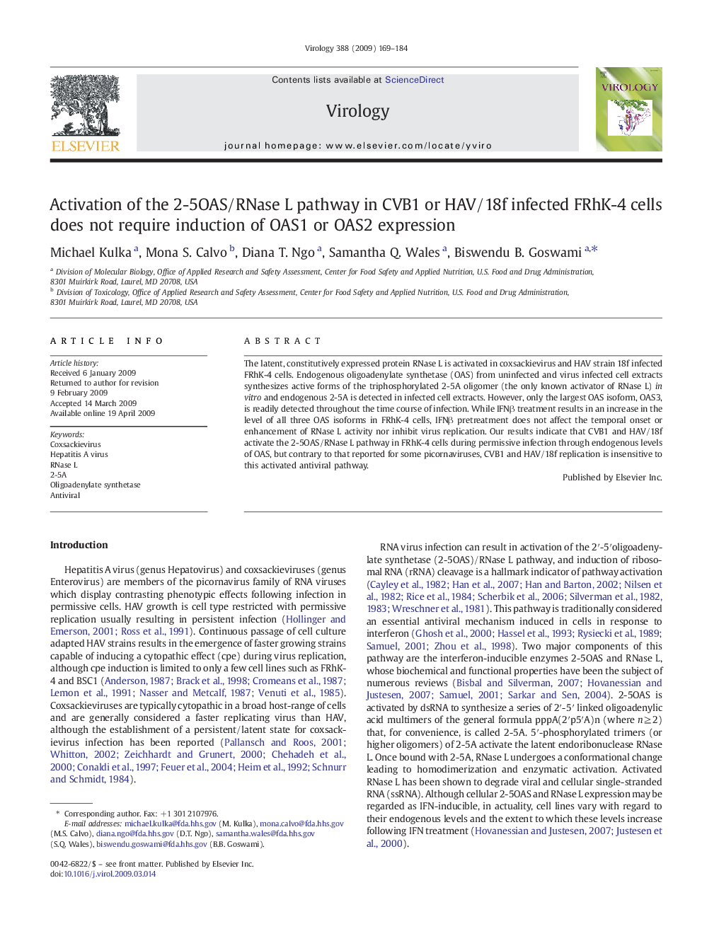 Activation of the 2-5OAS/RNase L pathway in CVB1 or HAV/18f infected FRhK-4 cells does not require induction of OAS1 or OAS2 expression