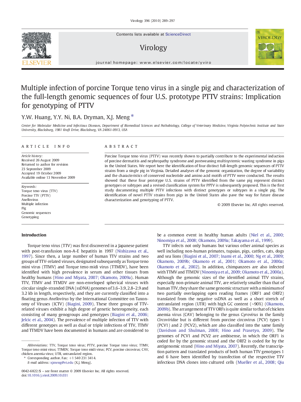 Multiple infection of porcine Torque teno virus in a single pig and characterization of the full-length genomic sequences of four U.S. prototype PTTV strains: Implication for genotyping of PTTV