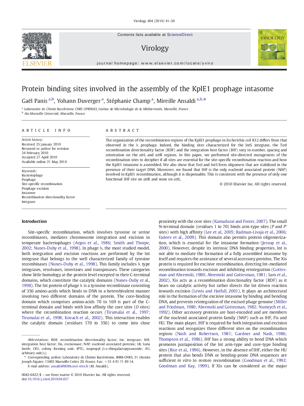 Protein binding sites involved in the assembly of the KplE1 prophage intasome