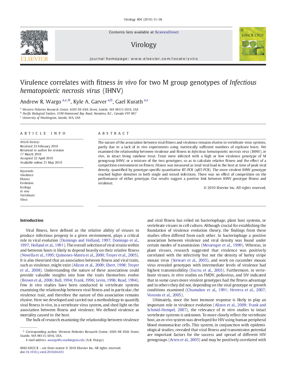 Virulence correlates with fitness in vivo for two M group genotypes of Infectious hematopoietic necrosis virus (IHNV)