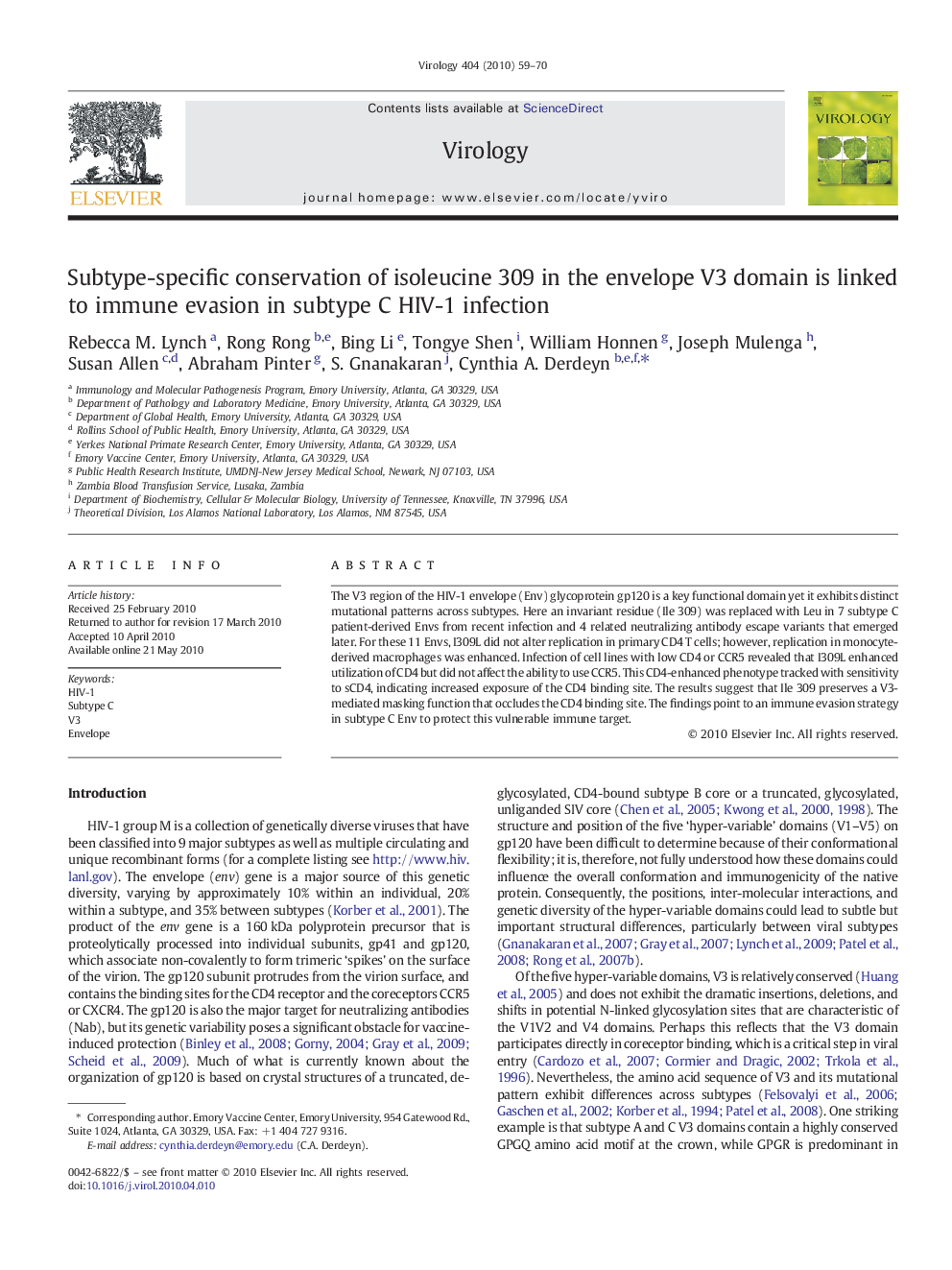Subtype-specific conservation of isoleucine 309 in the envelope V3 domain is linked to immune evasion in subtype C HIV-1 infection