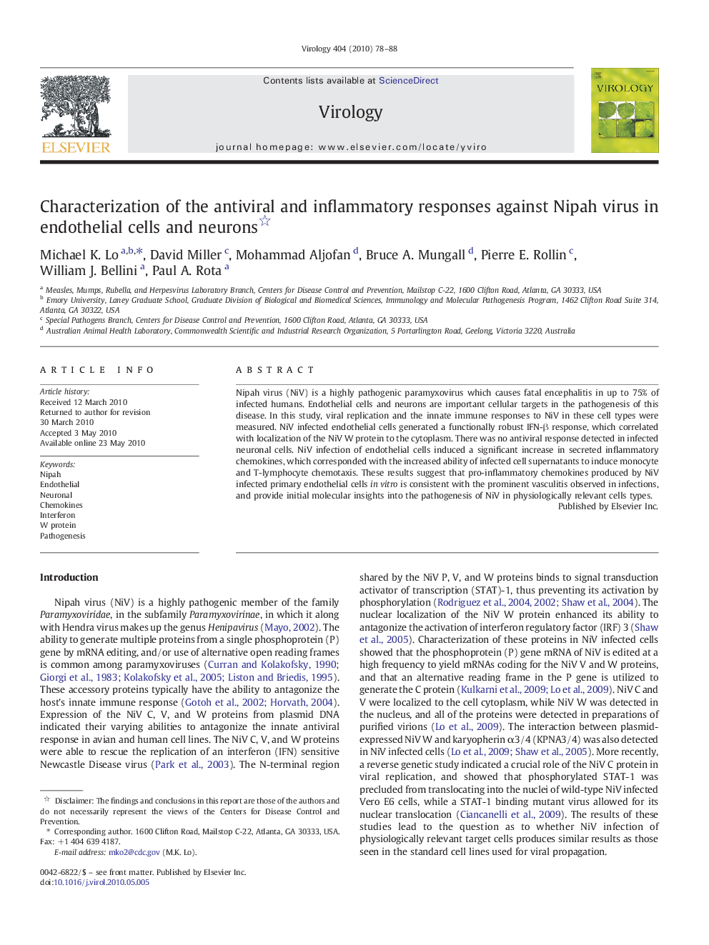 Characterization of the antiviral and inflammatory responses against Nipah virus in endothelial cells and neurons 