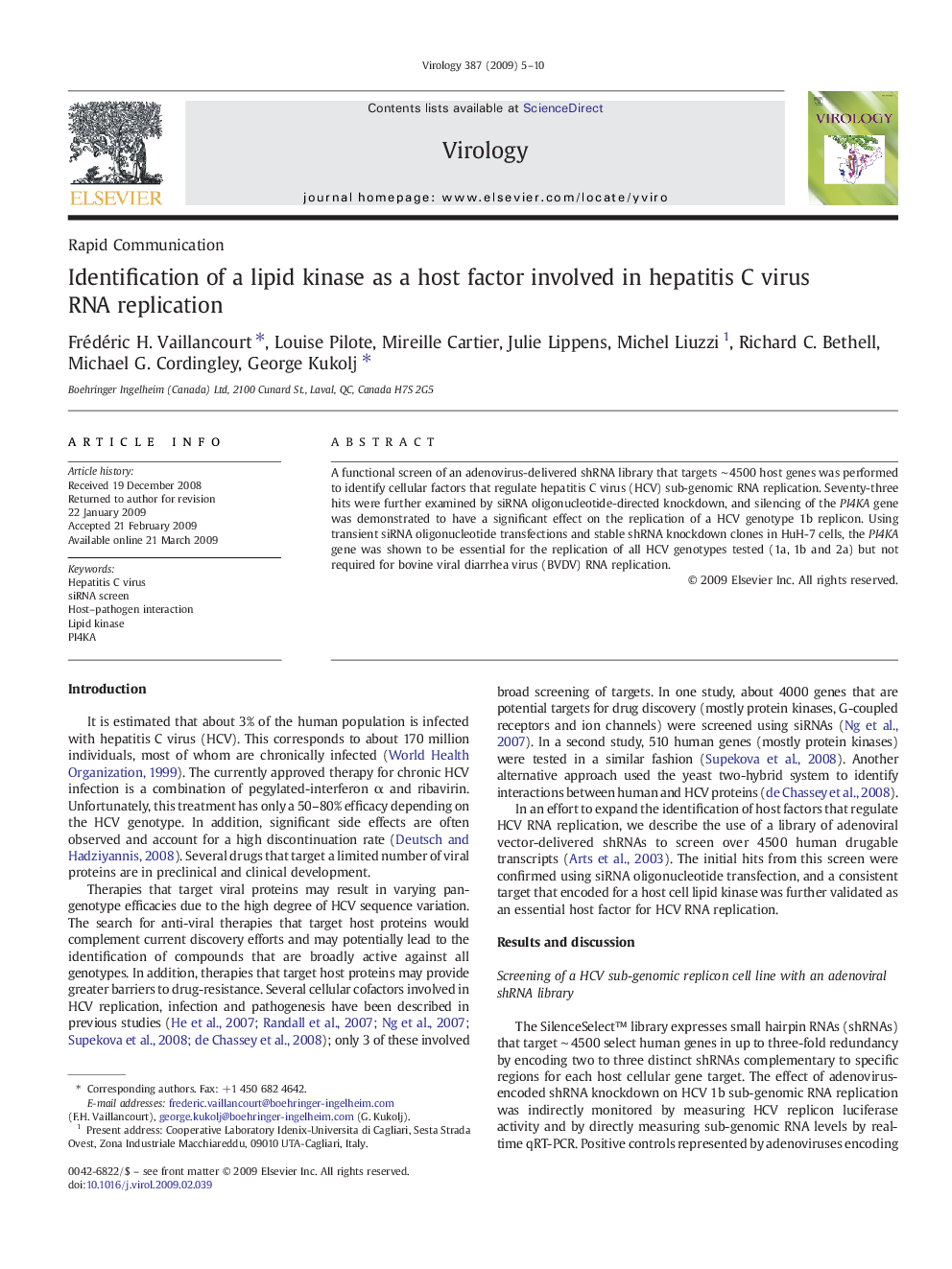 Identification of a lipid kinase as a host factor involved in hepatitis C virus RNA replication