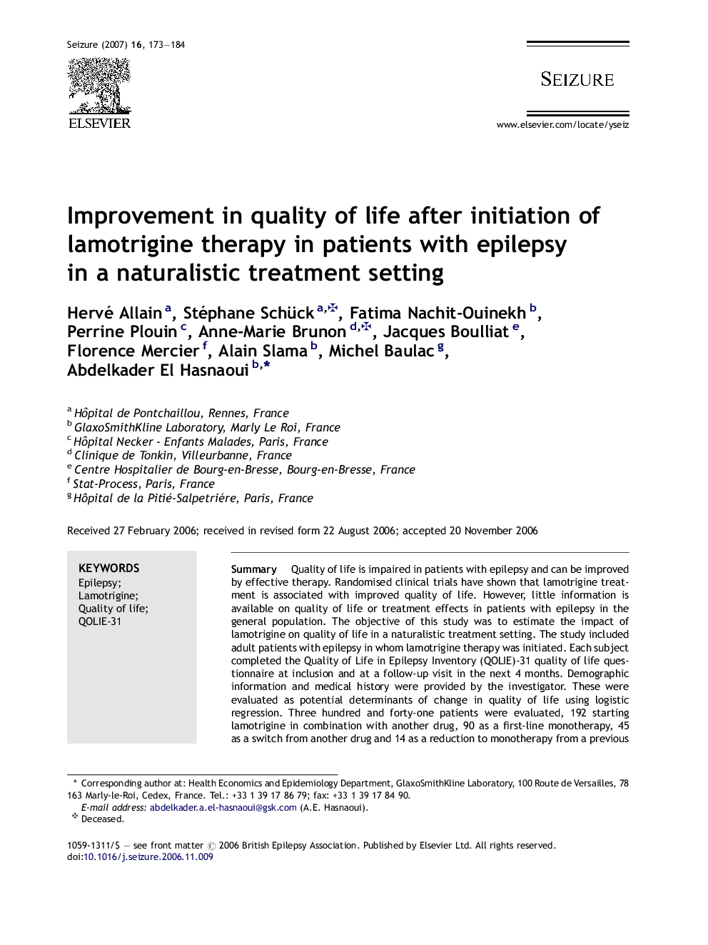 Improvement in quality of life after initiation of lamotrigine therapy in patients with epilepsy in a naturalistic treatment setting