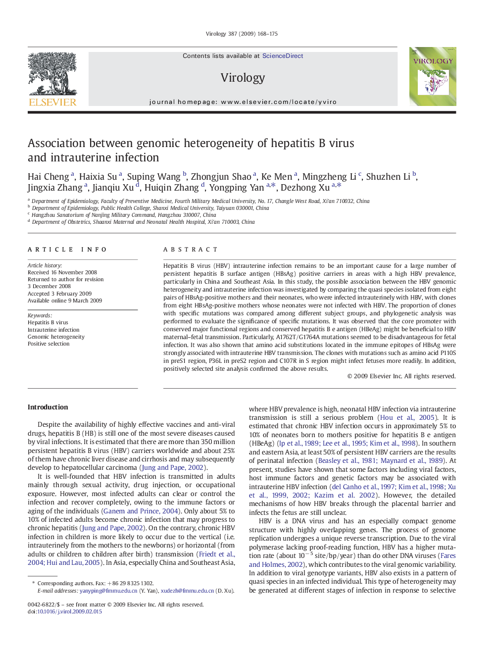 Association between genomic heterogeneity of hepatitis B virus and intrauterine infection