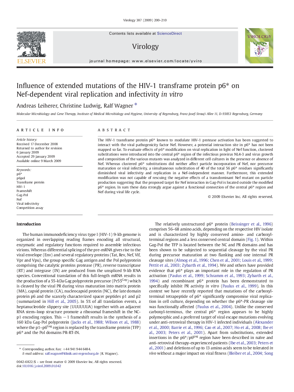 Influence of extended mutations of the HIV-1 transframe protein p6⁎ on Nef-dependent viral replication and infectivity in vitro