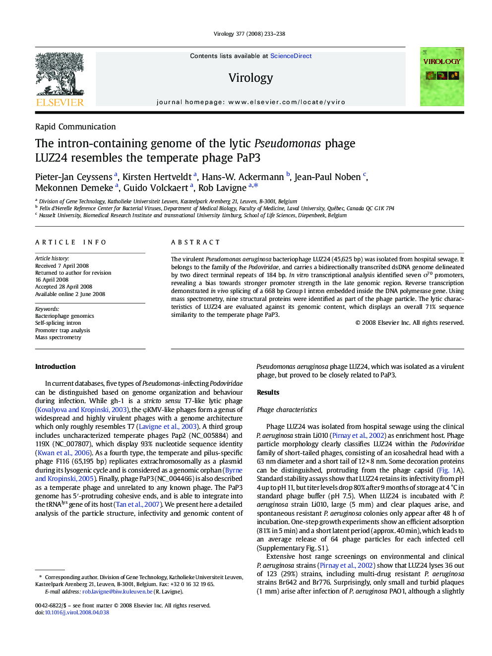 The intron-containing genome of the lytic Pseudomonas phage LUZ24 resembles the temperate phage PaP3