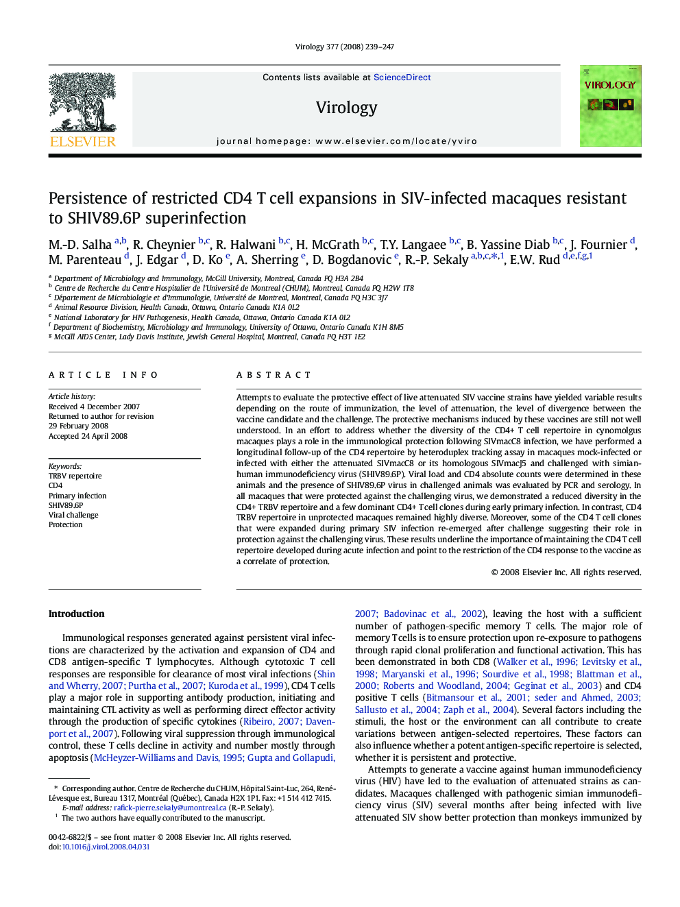 Persistence of restricted CD4 T cell expansions in SIV-infected macaques resistant to SHIV89.6P superinfection