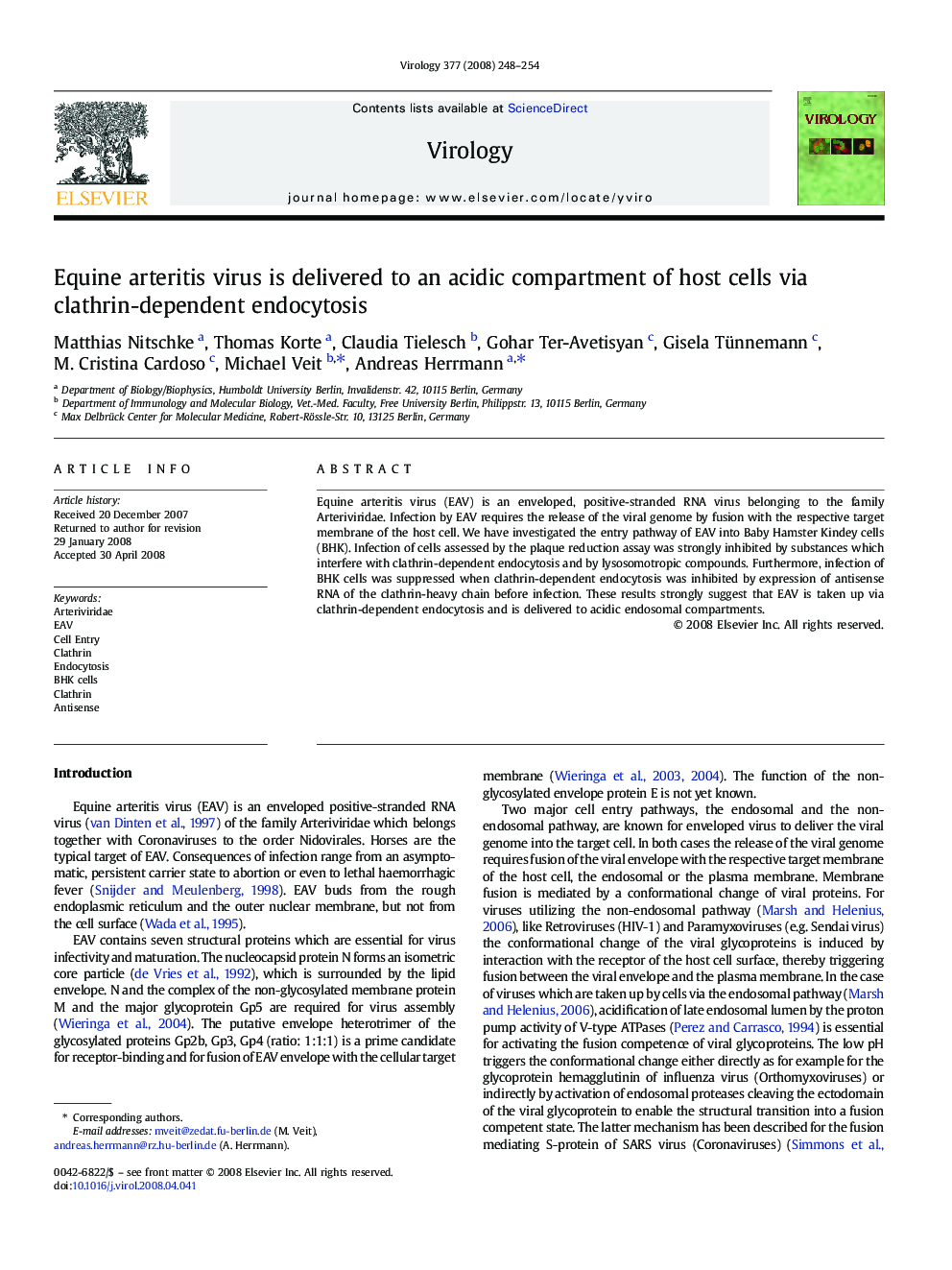 Equine arteritis virus is delivered to an acidic compartment of host cells via clathrin-dependent endocytosis