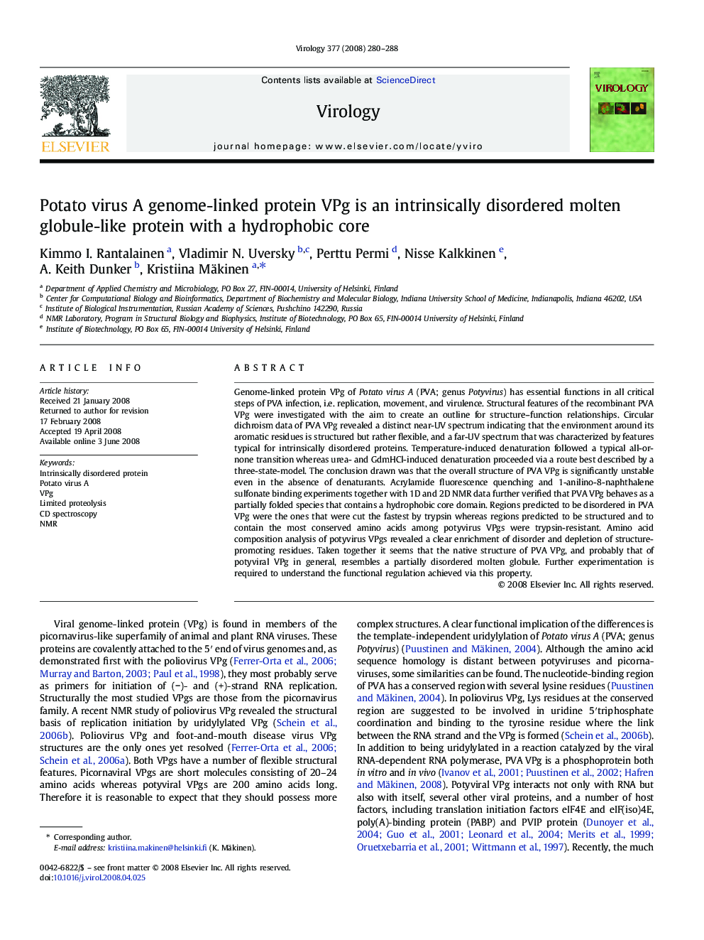 Potato virus A genome-linked protein VPg is an intrinsically disordered molten globule-like protein with a hydrophobic core