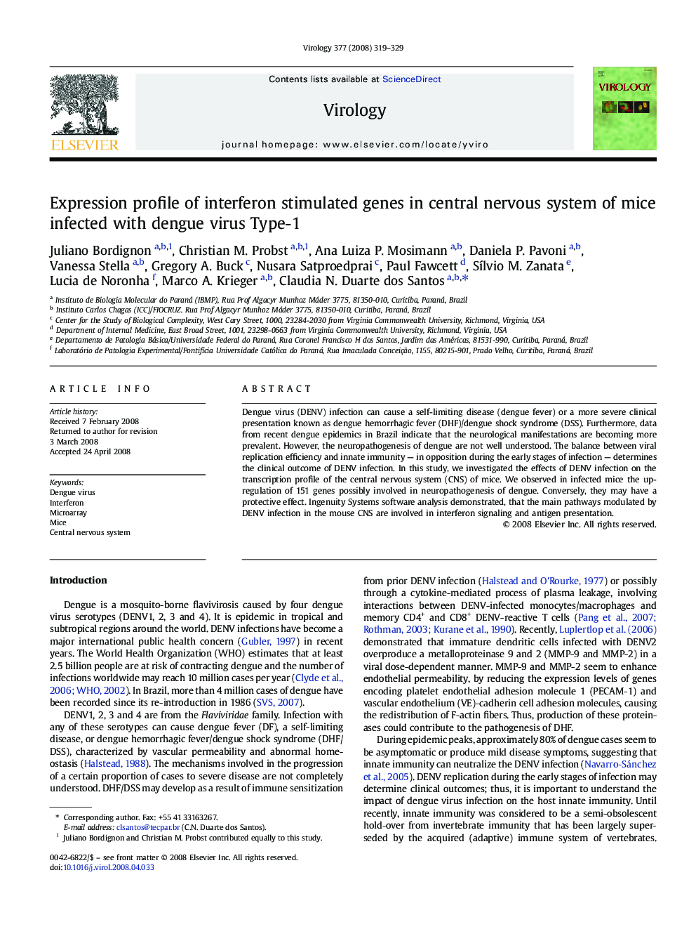 Expression profile of interferon stimulated genes in central nervous system of mice infected with dengue virus Type-1